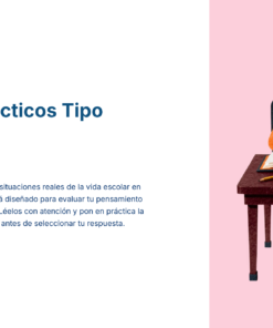 Una mujer con el pelo oscuro recogido en un moño está sentada en un escritorio de madera escribiendo en un cuaderno con un libro abierto a su lado. A la izquierda, un texto presenta casos prácticos tipo examen para educación especial.