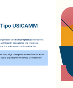 A la derecha se muestra una ilustración digital de una mujer con gafas, sentada ante un escritorio y escribiendo en un papel. A la izquierda, un texto en español presenta un simulador de prácticas USICAMM, instrucciones y un cuadro explicativo.
