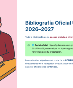 Guía de Estudio HORAS ADICIONALES MATEMÁTICAS Educación Secundaria- USICAMM 2026 - 2027 + (Simulador 90 Reactivos) 29 Ilustración de una persona con gafas escribiendo en un cuaderno en un escritorio con libros. A la derecha, texto sobre la bibliografía oficial USICAMM 2026-2027 y enlaces a materiales de estudio de matemáticas gratuitos en línea.