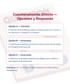 Pregunta con tres opciones etiquetadas como A, B y C. La opción A está marcada como correcta, y describe el derecho de los niños a la protección y la ayuda en cualquier situación. Las opciones B y C están marcadas como incorrectas, con explicaciones. A continuación se cita una referencia legal.