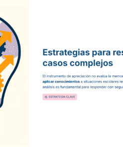 Guía de Estudio HORAS ADICIONALES CIENCIAS QUÍMICA Educación Secundaria- USICAMM 2026 – 2027 + (Simulador 90 Reactivos) 27 Ilustración de una bombilla llena de engranajes de colores y flechas hacia arriba, junto a un texto en español sobre estrategias para responder a casos complejos y la importancia de aplicar los conocimientos, con un botón