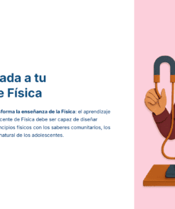 Ilustración de un profesor con gafas y bigote demostrando un experimento de física con una bobina y un manómetro, junto a un texto sobre la aplicación del Nuevo Modelo Escolar Mexicano a la enseñanza de la física.