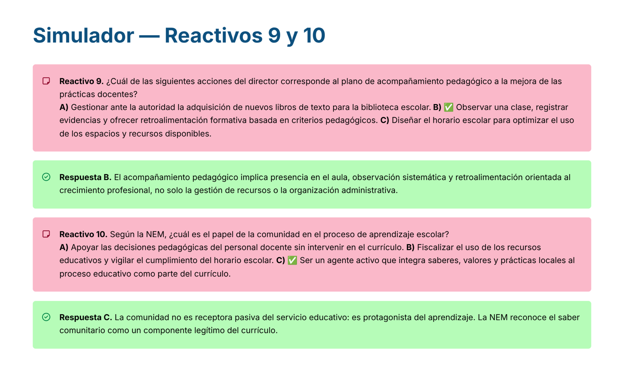 Guía de Estudio PROMOCIÓN HORIZONTAL Educación SECUNDARIA – USICAMM 2026 – 2027 + (Simulador 90 Reactivos) 21 Una interfaz digital muestra preguntas y respuestas para un "Simulador - Reactivos 9 y 10". Las preguntas aparecen en recuadros rosas con opciones de elección múltiple, y las explicaciones en recuadros verdes con la etiqueta "Respuesta".