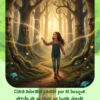 Niña paseando por un bosque mágico con árboles vivos y un texto en español sobre su amor por el entorno soleado.