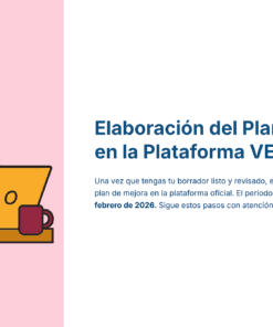 Paquete Promoción a DIRECTOR ESCOLAR – Educación Media Superior (Carta de Exposición de Motivos + Plan de Mejora Continua + Guía EMS) EMS BACHILLERATO 2026–2027 38 Ilustración de una persona pelirroja trabajando con un ordenador portátil y una taza de café cerca. A la derecha, un texto en español explica el proceso de creación de un plan de mejora en la plataforma VENUS, con las fechas resaltadas.