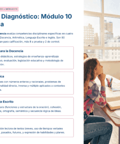 Una joven señala un bloc de notas mientras habla con una mujer sentada en un despacho. A la izquierda, un recuadro enumera cuatro temas de examen: Bases para la Docencia, Aritmética, Lenguaje Escrito e Inglés, con breves descripciones en español.
