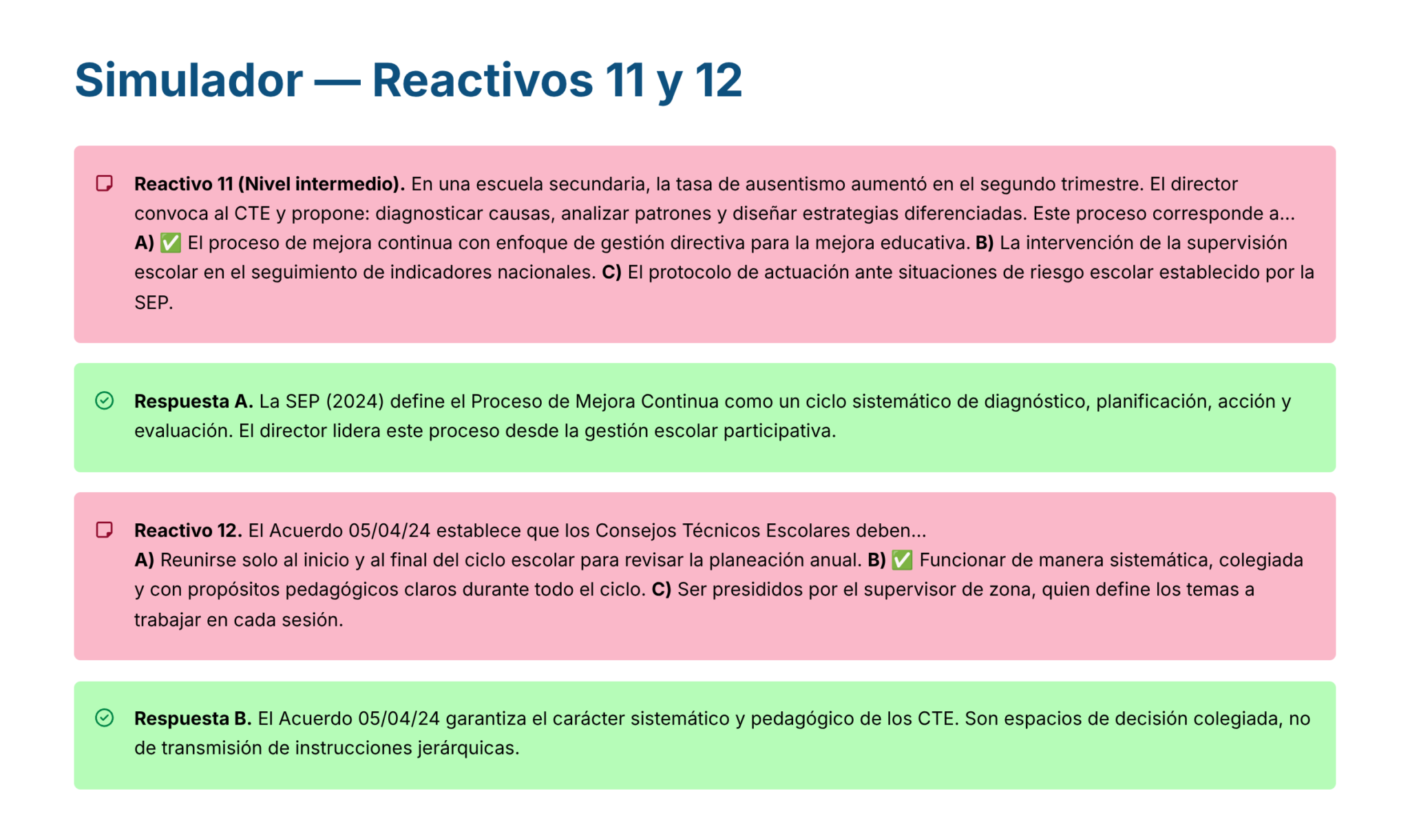 Guía de Estudio PROMOCIÓN HORIZONTAL Educación SECUNDARIA – USICAMM 2026 – 2027 + (Simulador 90 Reactivos) 19 Captura de pantalla de un cuestionario titulado "Simulador - Reactivos 11 y 12". Muestra dos preguntas con respuestas resaltadas; algunos cuadros de texto son rosas y otros verdes, lo que indica respuestas correctas o incorrectas.