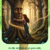 Una niña abraza a un viejo roble con rostro humano en un bosque místico. Texto: «Un día, sintiéndose sola, abrazó el árbol».