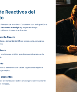 Guía de Estudio PROMOCIÓN HORIZONTAL SUPERVISIÓN – USICAMM 2026 – 2027 + (Simulador 90 Reactivos) 26 Un hombre sentado en un escritorio lee unos papeles en una habitación poco iluminada. A la izquierda, un texto en español describe cuatro tipos de ítems de evaluación: pregunta directa, compleción, secuenciación y relación de elementos.