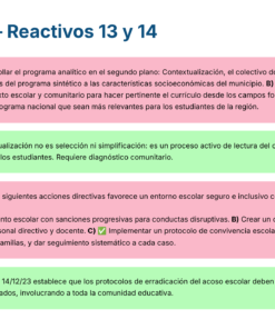 Guía de Estudio PROMOCIÓN HORIZONTAL Educación SECUNDARIA – USICAMM 2026 – 2027 + (Simulador 90 Reactivos) 38 Una captura de pantalla del contenido del simulador de pruebas sobre los Reactivos 13 y 14. Muestra dos secciones rosas para descripciones de