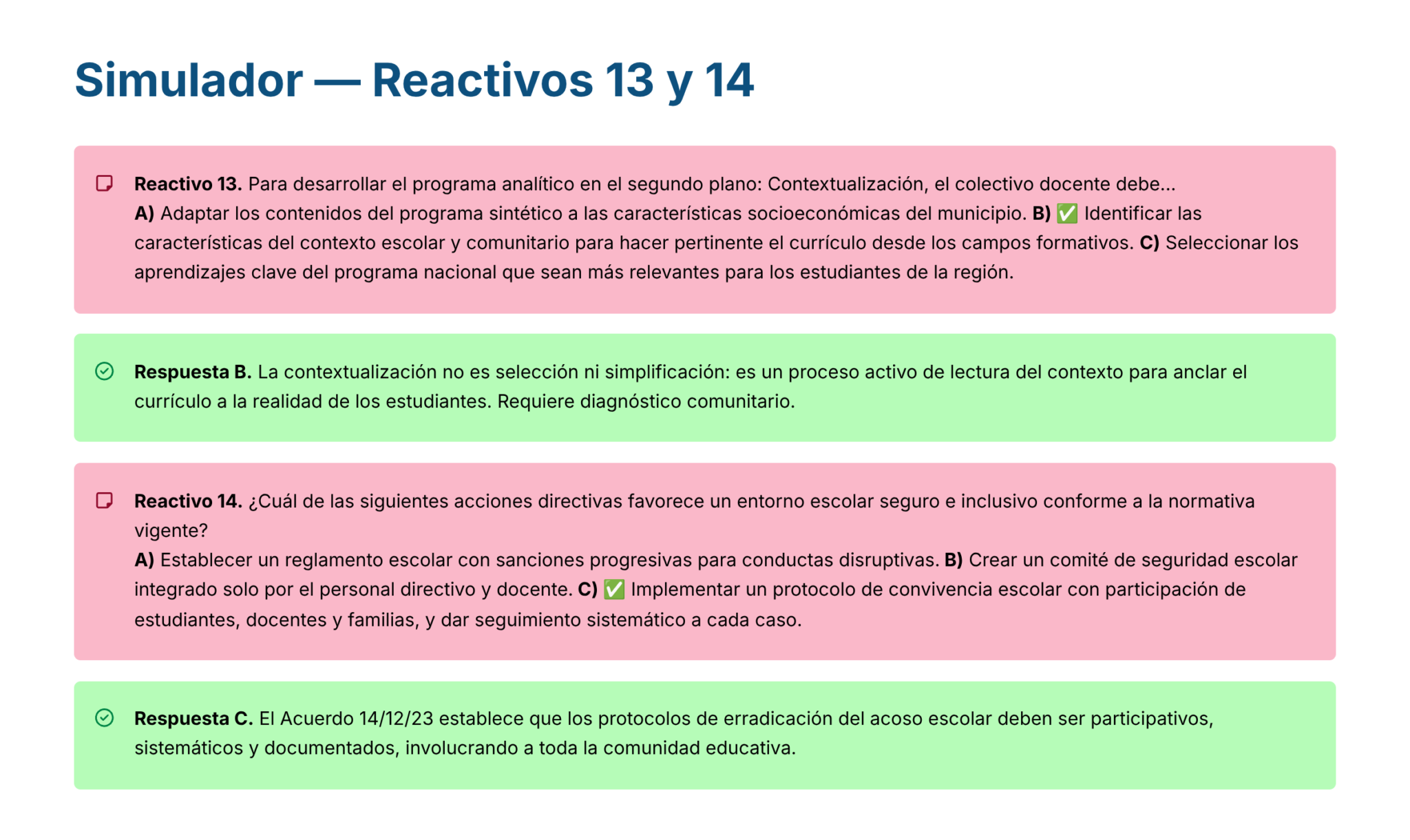 Guía de Estudio PROMOCIÓN HORIZONTAL Educación SECUNDARIA – USICAMM 2026 – 2027 + (Simulador 90 Reactivos) 18 Una captura de pantalla del contenido del simulador de pruebas sobre los Reactivos 13 y 14. Muestra dos secciones rosas para descripciones de "Reactivo" y dos secciones verdes para explicaciones de "Respuesta", con algo de texto en negrita y un icono junto a cada título.
