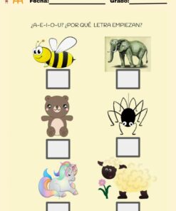 Ficha con seis imágenes (abeja, elefante, oso, araña, unicornio, oveja) y recuadros en blanco debajo de cada una. El texto pregunta con qué vocal empieza cada palabra. Espacios en la parte superior para el nombre, la fecha y el curso.
