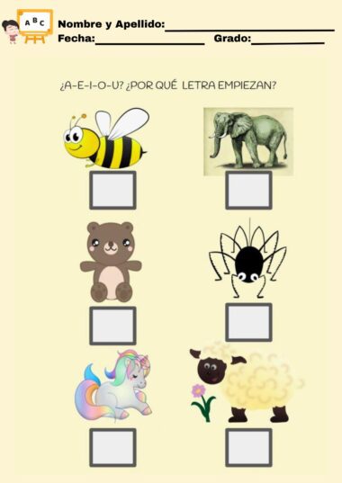 Ficha con seis imágenes (abeja, elefante, oso, araña, unicornio, oveja) y recuadros en blanco debajo de cada una. El texto pregunta con qué vocal empieza cada palabra. Espacios en la parte superior para el nombre, la fecha y el curso.