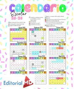 Colorido calendario escolar español para 2025-2026 con los meses de agosto de 2025 a julio de 2026, mostrando días festivos, fechas importantes y una clave con símbolos. Incluye logotipo 