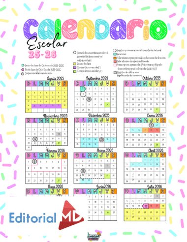 Colorido calendario escolar español para 2025-2026 con los meses de agosto de 2025 a julio de 2026, mostrando días festivos, fechas importantes y una clave con símbolos. Incluye logotipo "Editorial MD" en la parte inferior izquierda.