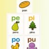 Memorama con tarjetas de silabas simples (Parte I) 7 Cinco flashcards que muestran sílabas en español: