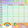 Horarios escolares 7 Plantilla de horario escolar semanal con los días en español, decorada con arcoíris, soles sonrientes y motivos de colores.