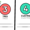 Ficha educativa para practicar la escritura de los números 3 (TRES) y 4 (CUATRO) en español.