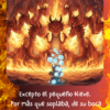 Un pequeño dragón lanza cubitos de hielo a unos dragones de fuego, junto al texto: «Excepto el pequeño Nieve... salían copos brillantes».