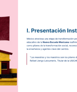 Ilustración de un edificio escolar amarillo y rojo con una gran bandera mexicana en un asta, junto a un texto sobre la importancia de los profesores en la transformación educativa de México.