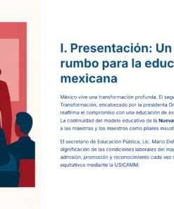 Una mujer con chaqueta roja gesticula mientras hace una presentación a un público sentado en un aula. Detrás de ella hay un círculo amarillo sobre una pizarra roja. A la derecha aparece un texto en español sobre una nueva dirección para la educación mexicana.