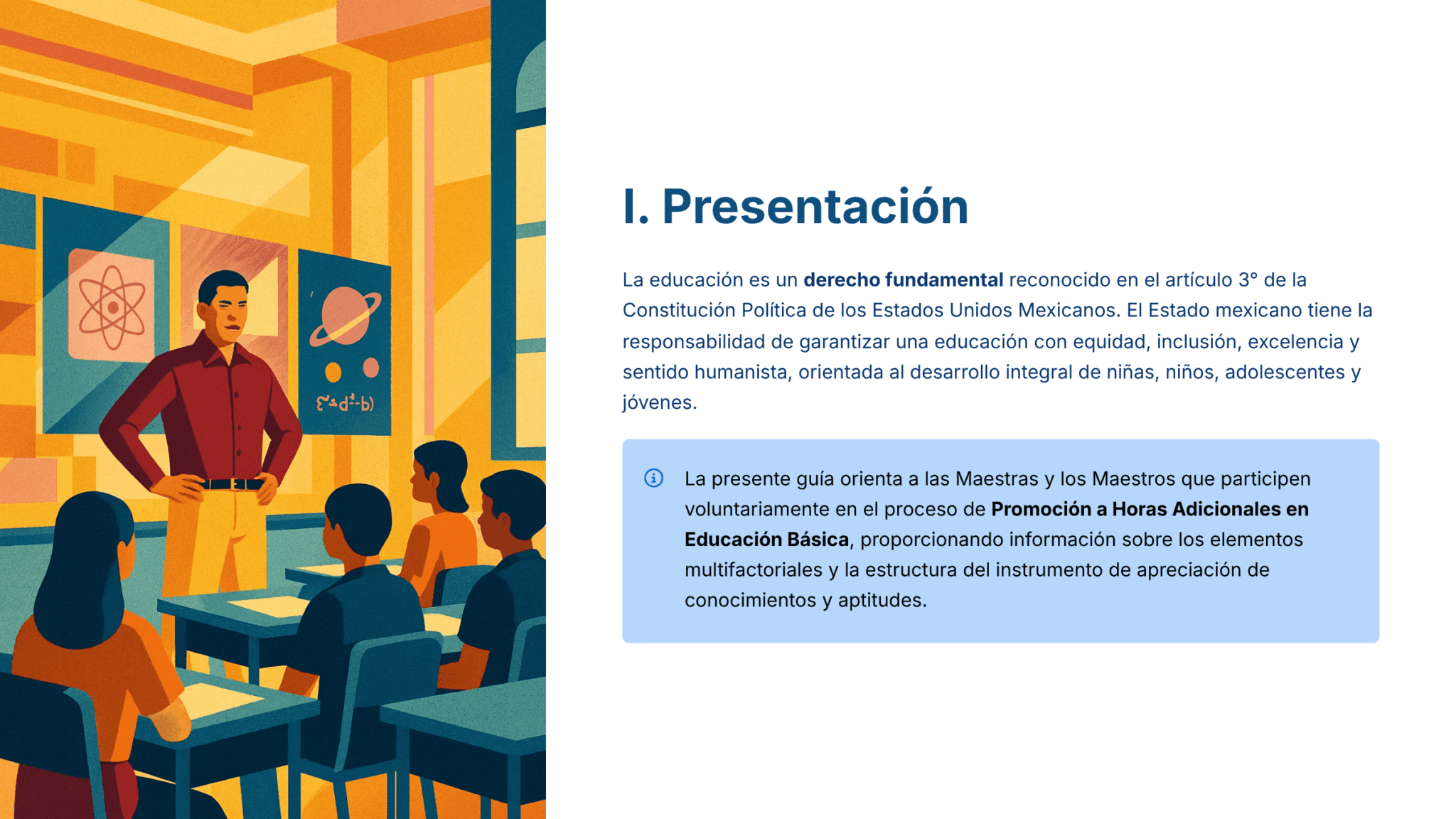 Guía de Estudio HORAS ADICIONALES CIENCIAS QUÍMICA Educación Secundaria- USICAMM 2026 – 2027 + (Simulador 90 Reactivos) 7 Un profesor está de pie en la parte delantera de un aula, hablando a los alumnos sentados. El entorno es cálido y de colores vivos, con carteles educativos y una ventana. Junto a la imagen, un texto describe la importancia de la educación en México.
