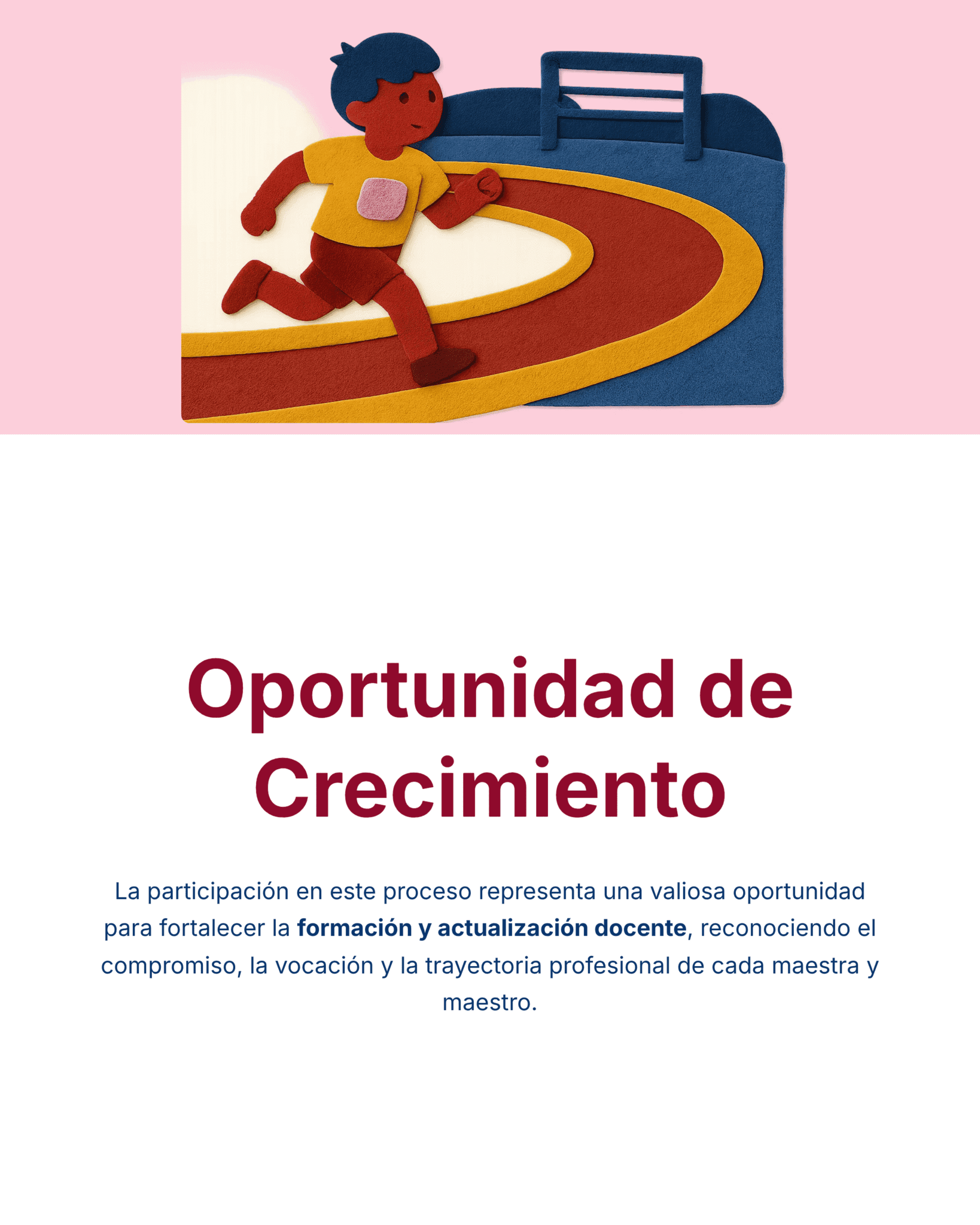 Guía de Estudio HORAS ADICIONALES EDUCACIÓN FÍSICA Primaria y Secundaria- USICAMM 2026 - 2027 + (Simulador 90 Reactivos) 12 Una figura de dibujos animados corre sobre una pista hacia un gran maletín. Debajo, un texto en negrita dice "Oportunidad de Crecimiento" con una breve descripción sobre el crecimiento profesional y el desarrollo de los profesores en español.
