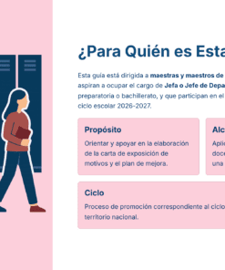 Ilustración de cuatro personas caminando frente a casilleros, con texto explicativo de una guía para docentes que aspiran a una promoción en educación media superior para el ciclo escolar 2026-2027, que incluye propósito, alcance y detalles del ciclo.