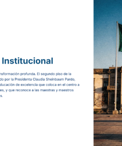Guía de Estudio PROMOCIÓN HORIZONTAL SUPERVISIÓN – USICAMM 2026 – 2027 + (Simulador 90 Reactivos) 24 Una gran bandera mexicana ondea frente a un edificio histórico con columnas y estatuas. A la izquierda, un texto en español introduce una presentación institucional sobre la reforma educativa en México.