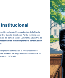 Un hombre vestido de traje está de pie sobre una plataforma de madera, sosteniendo un documento y gesticulando, con la bandera mexicana detrás de él. En la parte izquierda de la imagen aparece un texto sobre la reforma educativa y el reconocimiento a los maestros.