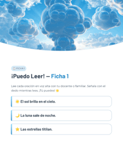 Nubes azules de dibujos animados llenan el cielo bajo la brillante luz del sol. Debajo hay una actividad de lectura para niños con tres frases sobre el sol, la luna y las estrellas, cada una con un emoji.