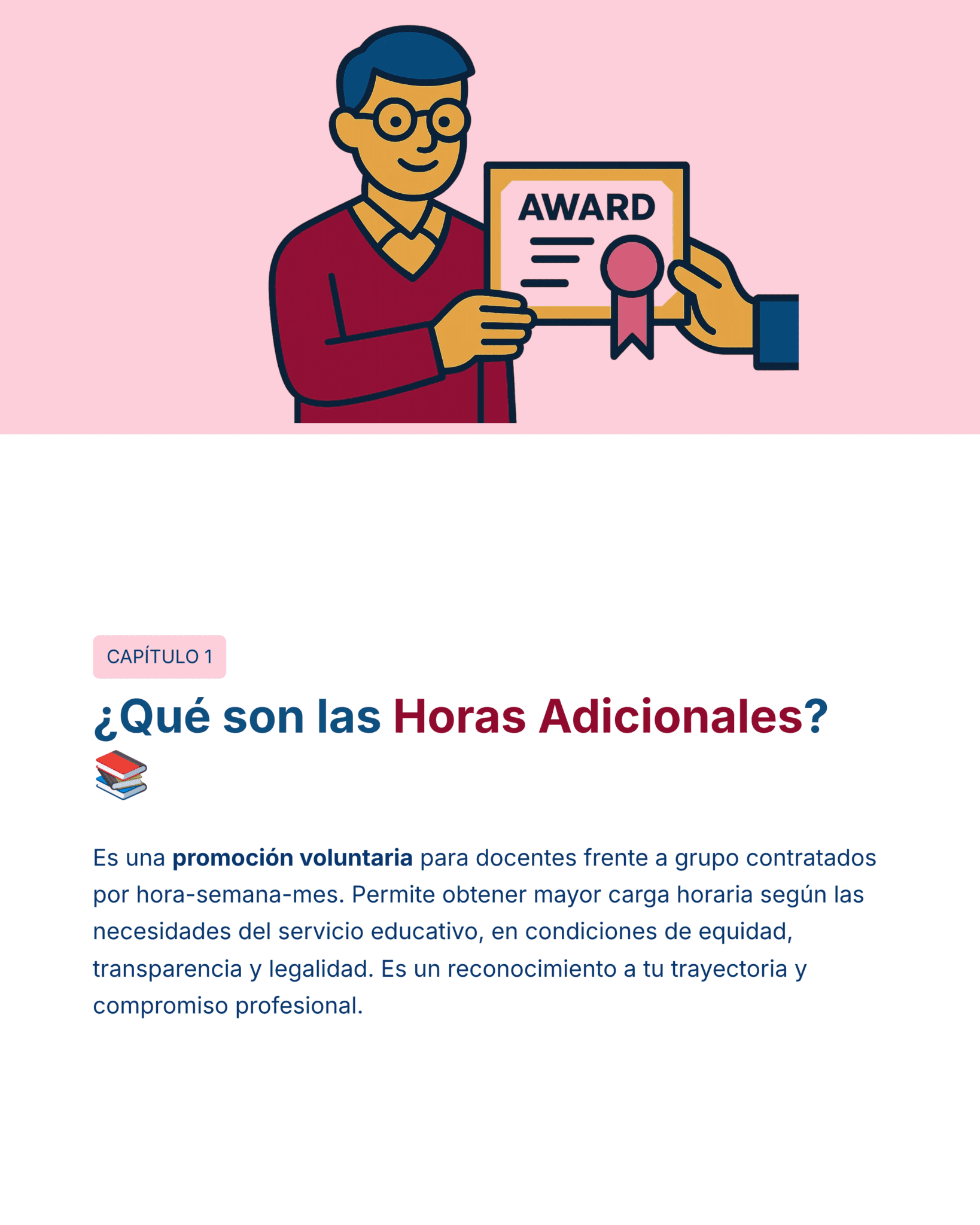 Guía de Estudio HORAS ADICIONALES GEOGRAFÍA Educación Secundaria- USICAMM 2026 - 2027 + (Simulador 90 Reactivos) 6 Ilustración de una persona con gafas recibiendo un certificado de reconocimiento. Debajo, un texto en español explica que las horas adicionales son una promoción voluntaria para los profesores, que reconoce su trayectoria profesional y su compromiso.