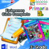 Collage educativo colorido que muestra un portapapeles con una lista de verificación, un lápiz, un ícono de Microsoft Word y libros de texto de escuelas primarias mexicanas para “Exámenes Primaria 3° Grado (NEM 2025 – 2026) Ciclo Escolar Completo”, con logotipos y etiquetas visibles.