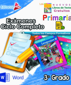 Collage educativo colorido que muestra un portapapeles con una lista de verificación, un lápiz, un ícono de Microsoft Word y libros de texto de escuelas primarias mexicanas para “Exámenes Primaria 3° Grado (NEM 2025 – 2026) Ciclo Escolar Completo”, con logotipos y etiquetas visibles.