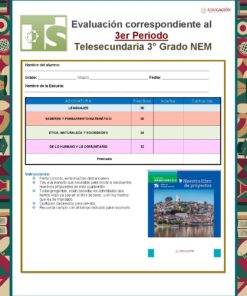 Boletín de calificaciones de 3.er grado de secundaria, con asignaturas, calificaciones e instrucciones. Borde geométrico colorido, libros al fondo y dos imágenes de libros de texto en la esquina inferior derecha.