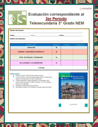 Boletín de calificaciones de 3.er grado de secundaria, con asignaturas, calificaciones e instrucciones. Borde geométrico colorido, libros al fondo y dos imágenes de libros de texto en la esquina inferior derecha.