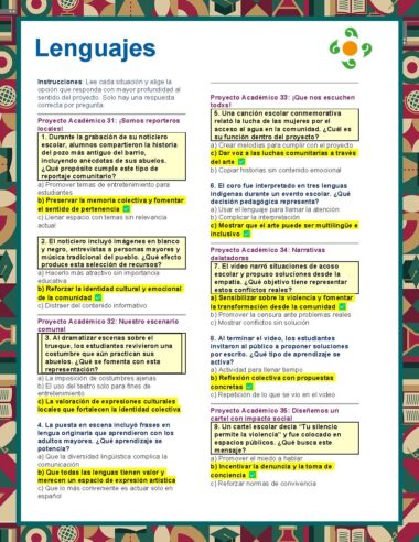 Una colorida hoja de trabajo educativa en español titulada "Lenguajes", que incluye instrucciones y tres proyectos académicos relacionados con el aprendizaje de idiomas, la preservación de la memoria y la inteligencia emocional, con secciones resaltadas y acentos ilustrativos.