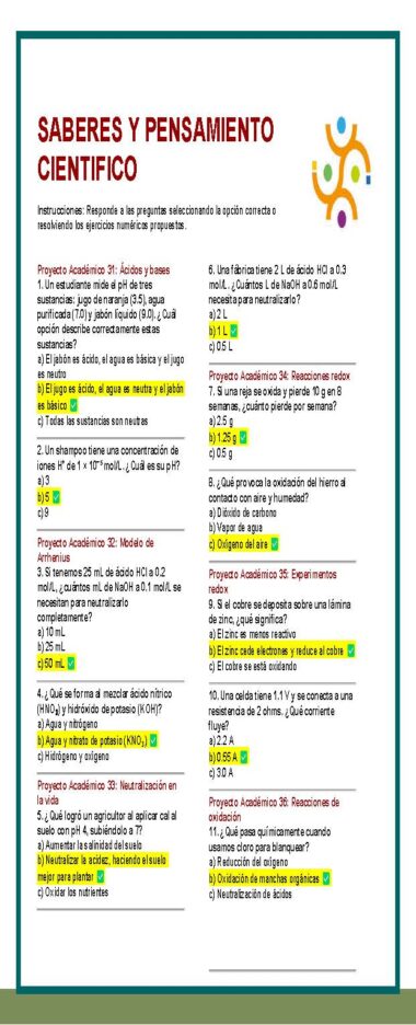 Una hoja de ejercicios de ciencias en español con encabezados rojos y verdes, preguntas numeradas y respuestas de opción múltiple. Algunas respuestas y fórmulas están resaltadas en amarillo. Hay tres iconos de colores en la esquina inferior derecha.