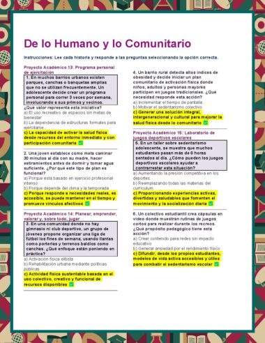 Una hoja de trabajo en español titulada "De lo Humano y lo Comunitario" muestra texto resaltado y preguntas de opción múltiple sobre proyectos comunitarios, con instrucciones en la parte superior y un borde geométrico decorativo.
