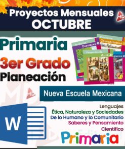 Folleto promocional vibrante para los proyectos mensuales de octubre, que muestra el Programa Analítico 3° Primaria (Planeación Mensual por Proyectos Octubre 2024 - 2025). Se alinea con el plan de estudios de la New Mexican School, haciendo énfasis en los idiomas, la ética, la naturaleza, la sociedad y la ciencia. Incluye íconos de folletos y documentos de Word.
