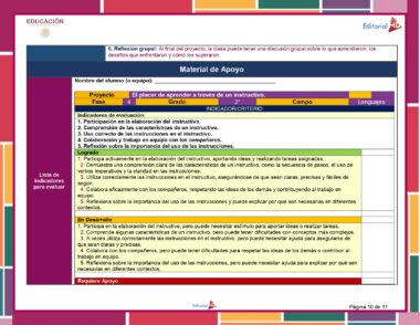 Material de Apoyo", un documento educativo en español, incluye una tabla con columnas para Proyecto, Grado, Campo e Idiomas. Las filas detallan varios criterios e indicadores educativos. Los colores vibrantes (rojo, azul y amarillo) resaltan el contenido. Puedes descargar Planeación de Diciembre de Tercer Grado de Primaria 2023 – 2024 NEM desde este recurso.