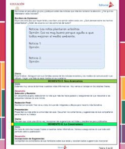Una colorida hoja de trabajo educativa en español sobre cómo discutir y escribir opiniones sobre noticias recientes. Incluye espacio para escribir noticias y opiniones, y guía a los estudiantes a reflexionar sobre el uso de los medios. También hay una sección resaltada en violeta para las actividades de 