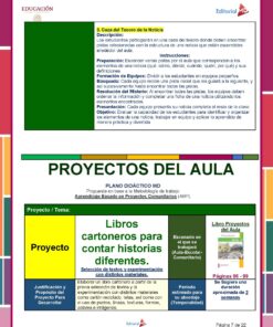 Un cartel educativo que detalla tres etapas de una actividad en el aula. Los pasos incluyen la preparación, la formación del equipo y el proceso de búsqueda. El texto destaca la importancia de identificar los componentes de las noticias. El encabezado dice 