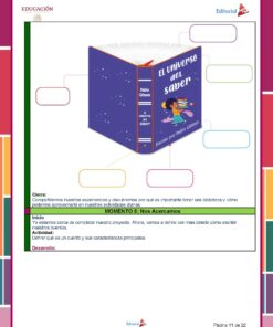 Una página de material de aprendizaje diseñada como un libro con texto en español sobre cómo definir qué es un cuento y sus principales características. Cuenta con coloridas formas geométricas, una ilustración de libro titulada 