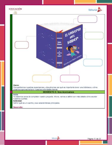 Una página de material de aprendizaje diseñada como un libro con texto en español sobre cómo definir qué es un cuento y sus principales características. Cuenta con coloridas formas geométricas, una ilustración de libro titulada "El universo del saber" y un espacio para el desarrollo de proyectos.