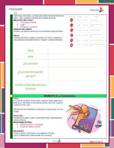 Una página de hoja de trabajo titulada "Momento 6: Lo Construimos" con instrucciones para crear una historia usando elementos básicos. Incluye secciones para título, autor, tema y espacio para comentarios. También hay coloridas ilustraciones de dibujos animados de un televisor, un libro y un lápiz.
