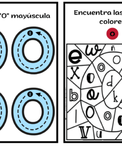 Una hoja de actividades centrada en las voces dividida en dos secciones. El lado izquierdo indica trazar la letra 'O' mayúscula con tres círculos de práctica. El lado derecho es un rompecabezas de búsqueda de letras con una combinación de letras mayúsculas y minúsculas, con instrucciones para encontrar y colorear letras específicas. El texto está en español. Esto es parte de la serie Cuadernillo Letra O.