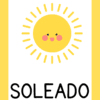 Tarjetas del Clima 8 Imagen de un sol lindo y sonriente con mejillas sonrosadas y rayos amarillos sobre un fondo blanco con un borde amarillo. Debajo del sol, la palabra