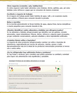Curso Contestado Alimentación Saludable y Sostenible 10 Póster informativo sobre alimentación sana y sostenible con secciones sobre la elección de alimentos en el trabajo y la escuela, las mochilas, el reconocimiento de los alimentos ultraprocesados, la verdad sobre los alimentos sanos y la importancia de las frutas y verduras.