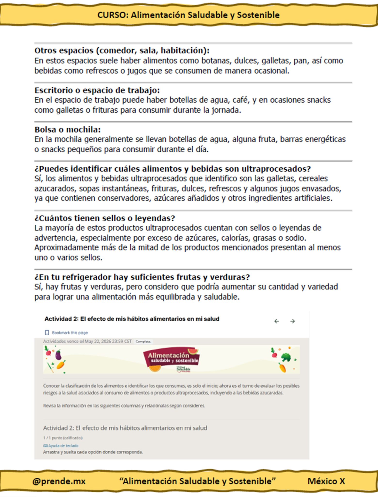 Curso Contestado Alimentación Saludable y Sostenible 5 Póster informativo sobre alimentación sana y sostenible con secciones sobre la elección de alimentos en el trabajo y la escuela, las mochilas, el reconocimiento de los alimentos ultraprocesados, la verdad sobre los alimentos sanos y la importancia de las frutas y verduras.